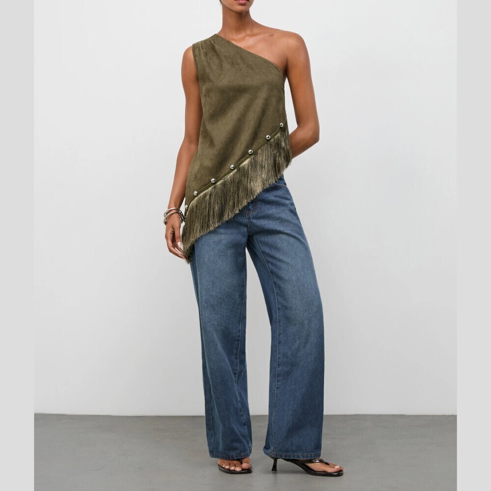 Olive Green Faux Suede Studded Fringe Asymmetrical Top - Picture 2 of 8